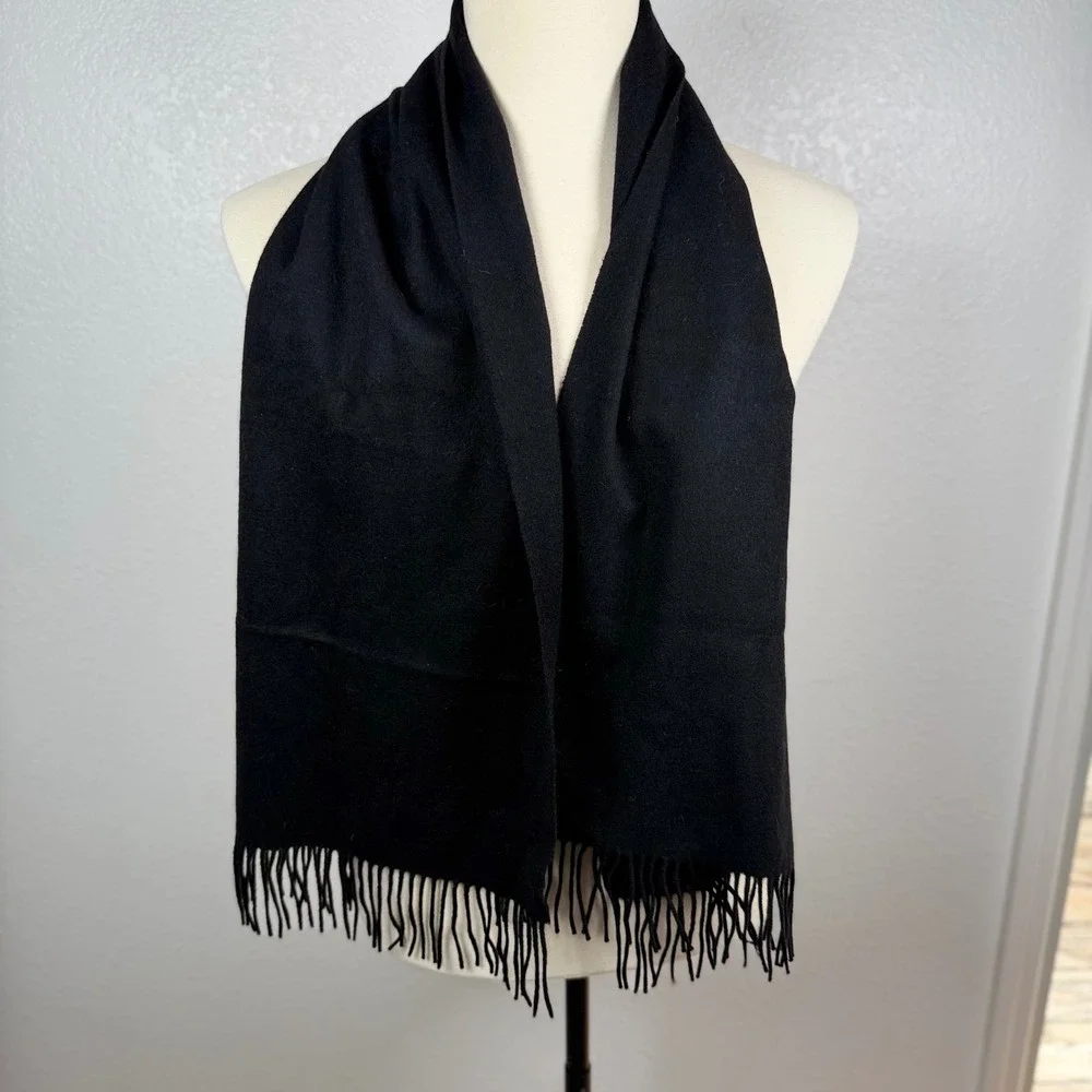 Lands End Direct Merchants Black Fringed Winter Scarf Wool Solid Classic